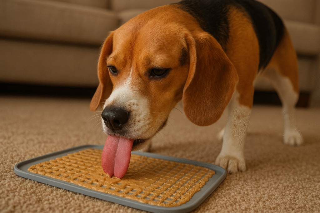 Chien qui lèche un tapis de léchage