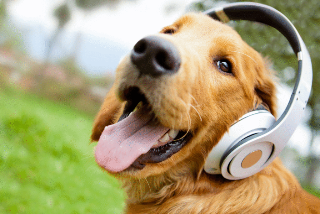 Chien avec casque de musique