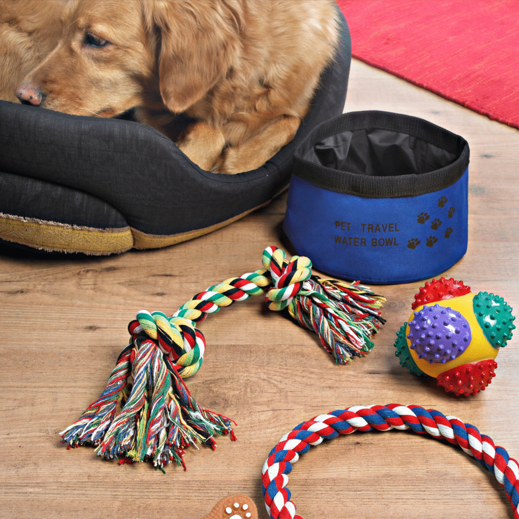 Chien avec plusieurs jouets