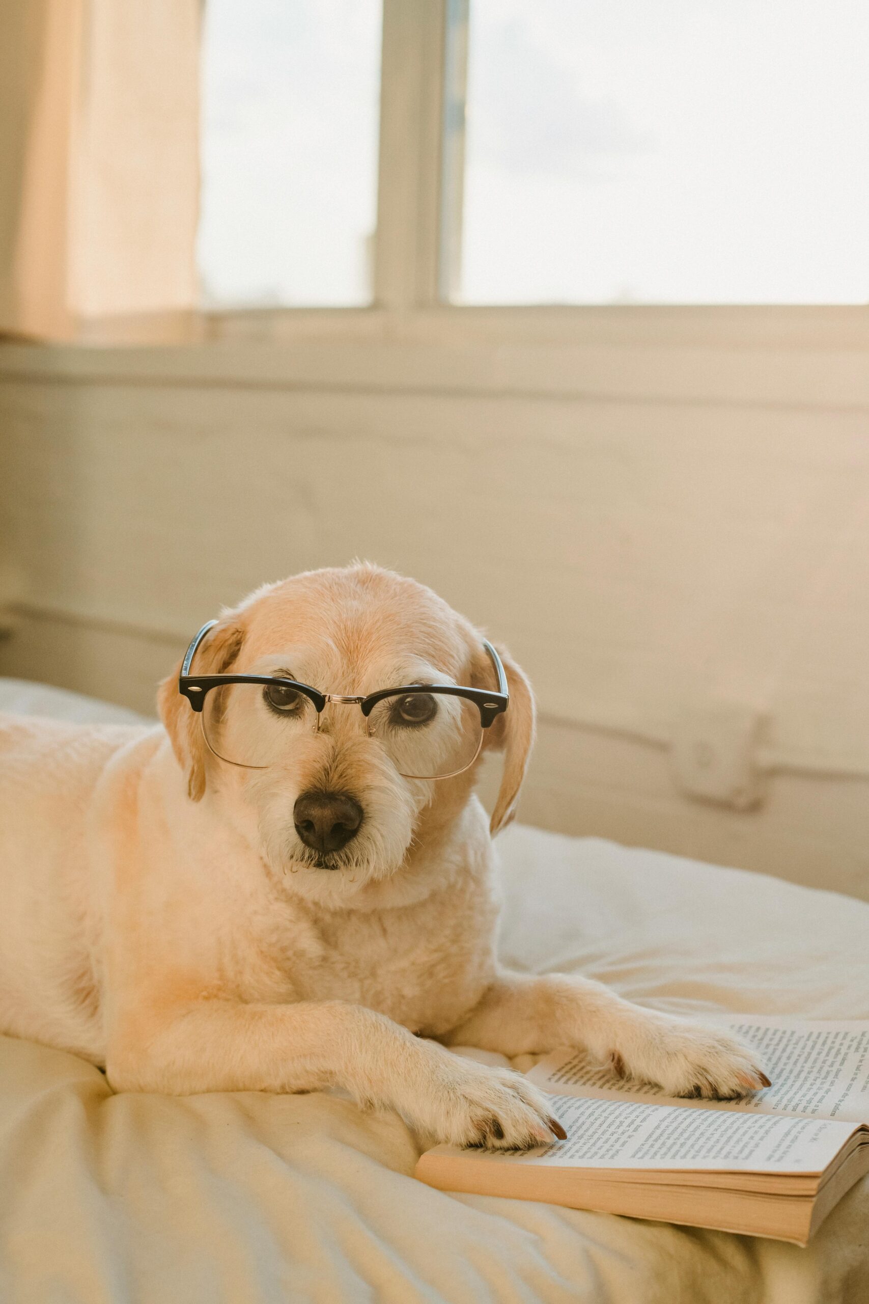 Chien avec des lunettes et un livre