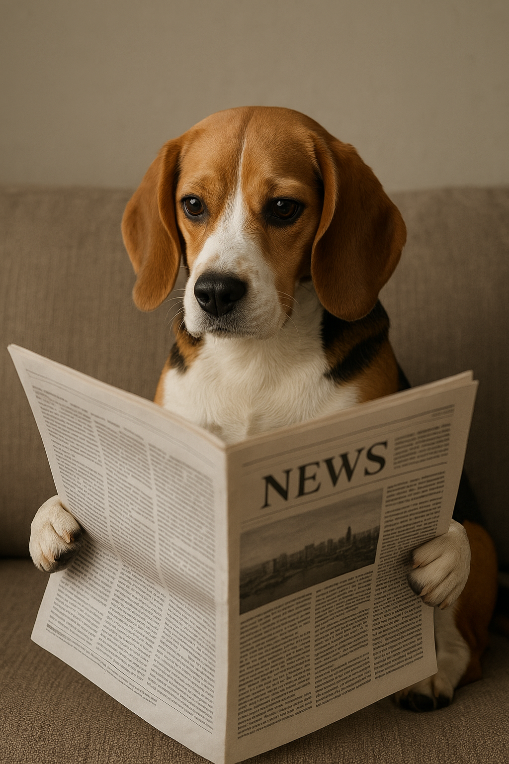 Chien de race beagle lisant un journal